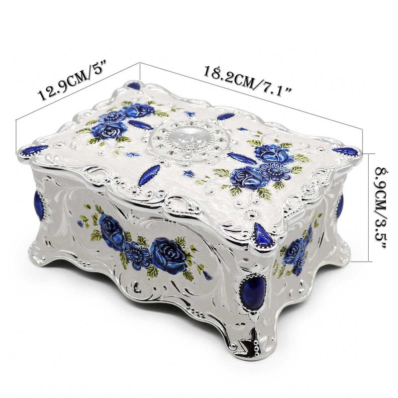 AVESON Luxury Vintage Rectangle Metal Alloy Jewelry Box Trinket Organizer Storage Box with Rose Pattern for Women, Girls, Two-Layer Design, White & Blue, Large - Image 3