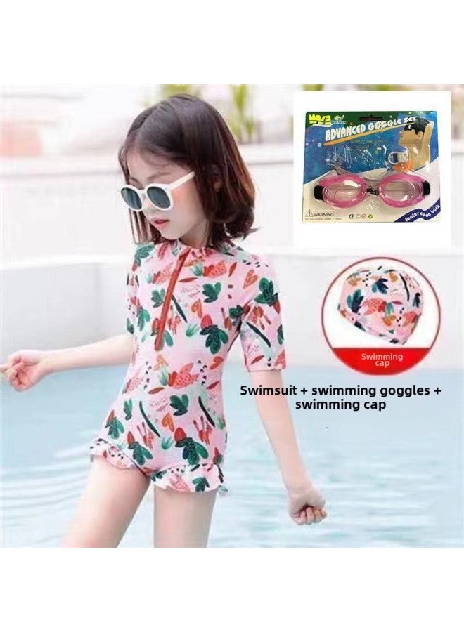 Generic Children's Swimwear Girls' Summer Bikini Swimwear Cute Baby Small And Large Girls' Swimwear-Color:Pink Swimming Cap And Goggles Swimsuit + Swimming Cap + Swimming Goggles-Size:110 Recommended Height Is Around 1m  - Image 1