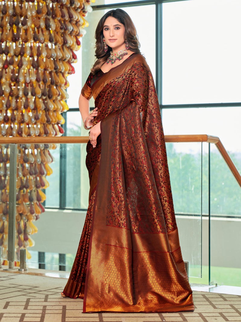Glory Sarees Women's Pure Kanjivaram Soft Banarasi Original Satin Silk Saree Elegantly Crafted Graceful Wedding Design With Blouse Piece (Satin Silk103_Maroon) - Image 3