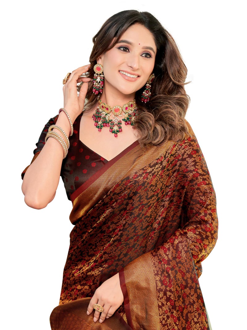 Glory Sarees Women's Pure Kanjivaram Soft Banarasi Original Satin Silk Saree Elegantly Crafted Graceful Wedding Design With Blouse Piece (Satin Silk103_Maroon) - Image 1