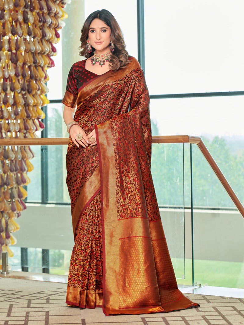 Glory Sarees Women's Pure Kanjivaram Soft Banarasi Original Satin Silk Saree Elegantly Crafted Graceful Wedding Design With Blouse Piece (Satin Silk103_Maroon) - Image 2
