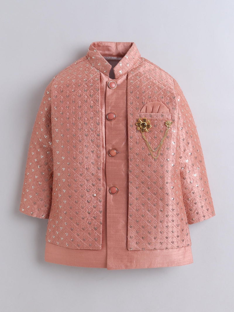 AHHAAAA Boy's Ethnic Cotton Silk Blend Nehru Modi Jacket Kurta & Pyjama Set for Boys|Sequin Embellished Ethnic Set|Ideal for any Festivals/Weddings Occasion|Orange, 2-3 Years| - Image 3