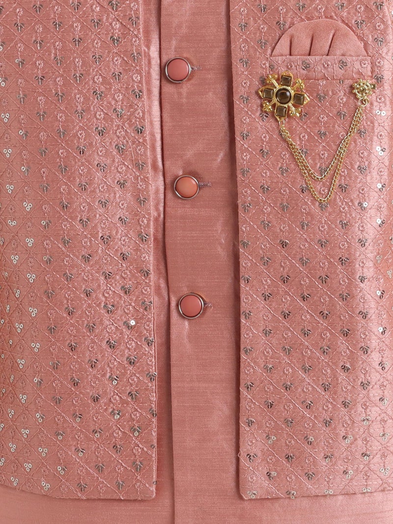 AHHAAAA Boy's Ethnic Cotton Silk Blend Nehru Modi Jacket Kurta & Pyjama Set for Boys|Sequin Embellished Ethnic Set|Ideal for any Festivals/Weddings Occasion|Orange, 2-3 Years| - Image 4