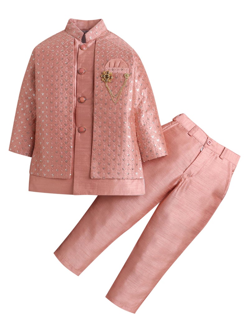 AHHAAAA Boy's Ethnic Cotton Silk Blend Nehru Modi Jacket Kurta & Pyjama Set for Boys|Sequin Embellished Ethnic Set|Ideal for any Festivals/Weddings Occasion|Orange, 2-3 Years| - Image 1