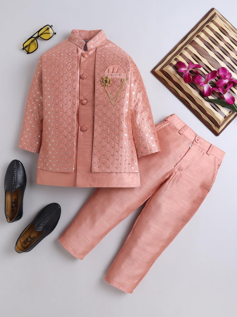 AHHAAAA Boy's Ethnic Cotton Silk Blend Nehru Modi Jacket Kurta & Pyjama Set for Boys|Sequin Embellished Ethnic Set|Ideal for any Festivals/Weddings Occasion|Orange, 2-3 Years| - Image 2