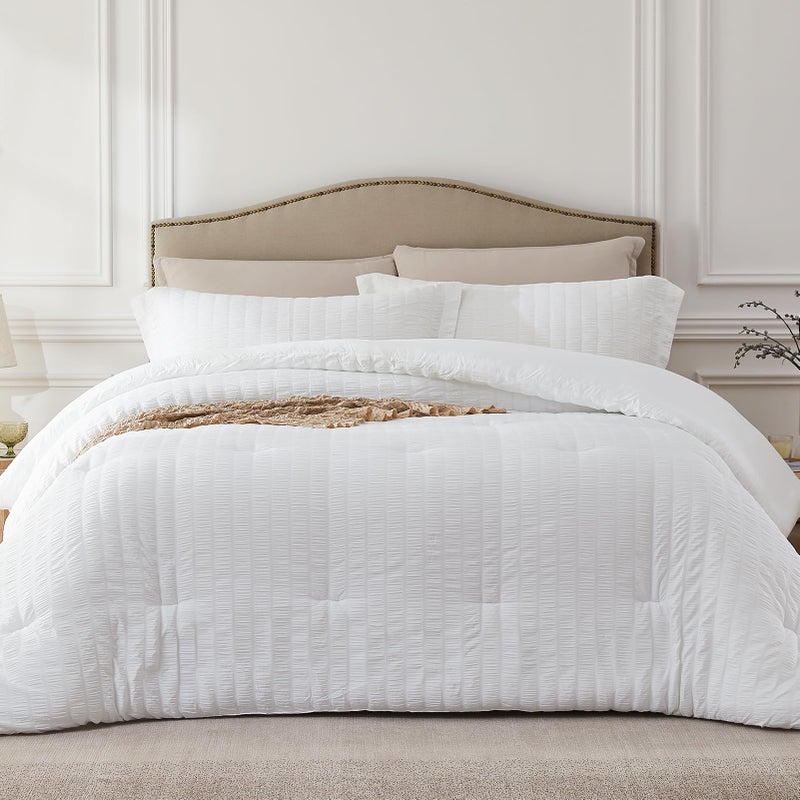 Quataly White Full Comforter Set 3 Pieces Seersucker Lightweight Bedding Comforter Sets 1 Soft Fluffy Comforter 2 Pillowcases All Seasons Cozy Modern Bed Sets for Women Men