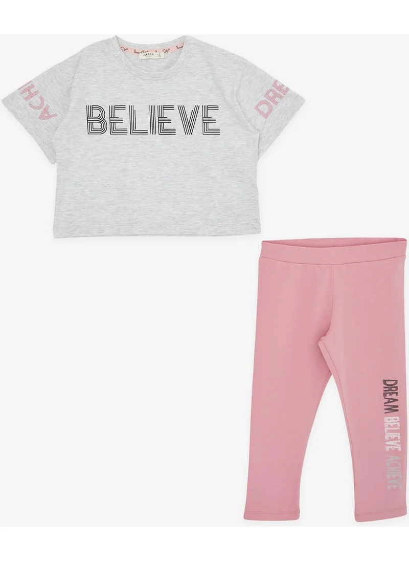 Breeze Girl's Capri Tights Crop Suit Text Printed 8-12 Years, Light Gray Melange
