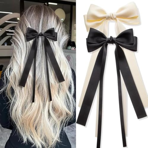 FAMEZA 2 PCS Large Hair Bows Satin Ribbon Bow for Women,bow hair clips,bow clips,hair ribbon bow clip,hair ribbons for women,hair bows for girls,ribbon hair clip(Beige Black) - Image 1