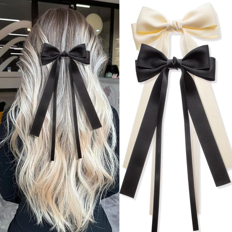 FAMEZA 2 PCS Large Hair Bows Satin Ribbon Bow for Women,bow hair clips,bow clips,hair ribbon bow clip,hair ribbons for women,hair bows for girls,ribbon hair clip(Beige Black) - Image 2