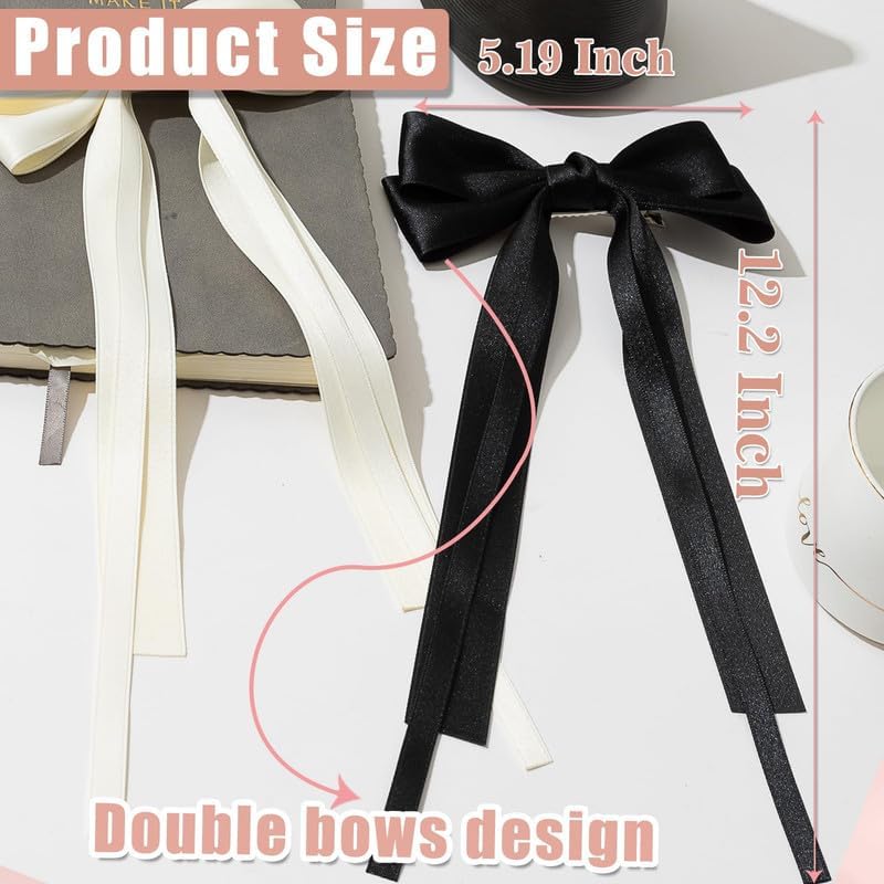 FAMEZA 2 PCS Large Hair Bows Satin Ribbon Bow for Women,bow hair clips,bow clips,hair ribbon bow clip,hair ribbons for women,hair bows for girls,ribbon hair clip(Beige Black) - Image 3