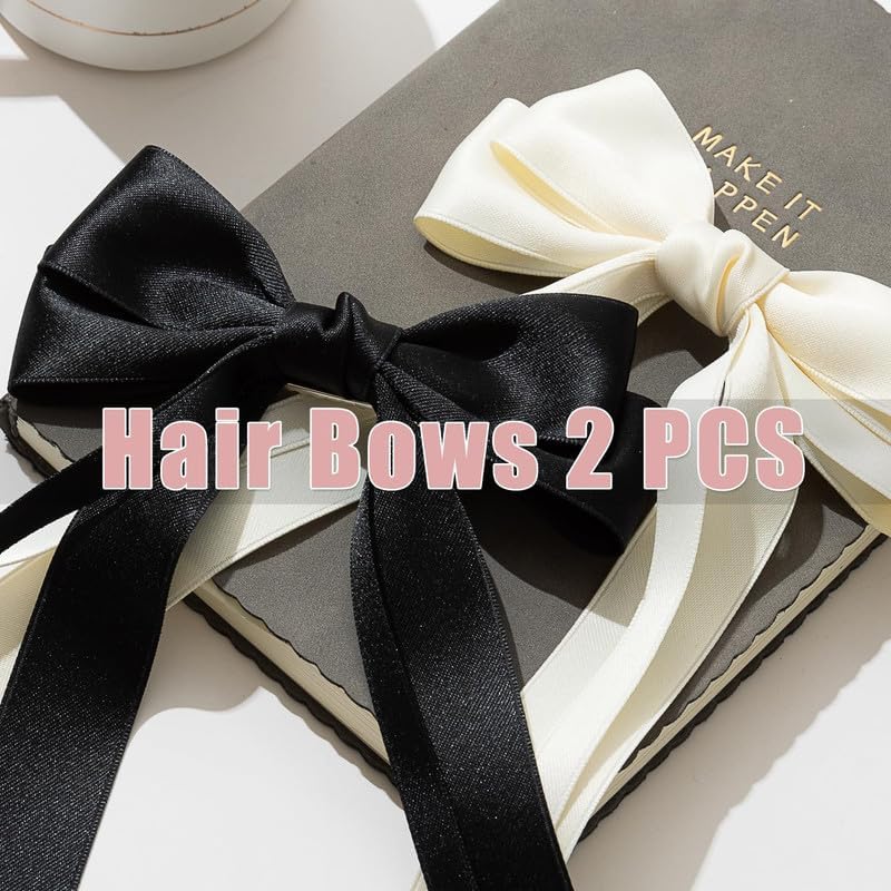 FAMEZA 2 PCS Large Hair Bows Satin Ribbon Bow for Women,bow hair clips,bow clips,hair ribbon bow clip,hair ribbons for women,hair bows for girls,ribbon hair clip(Beige Black) - Image 5