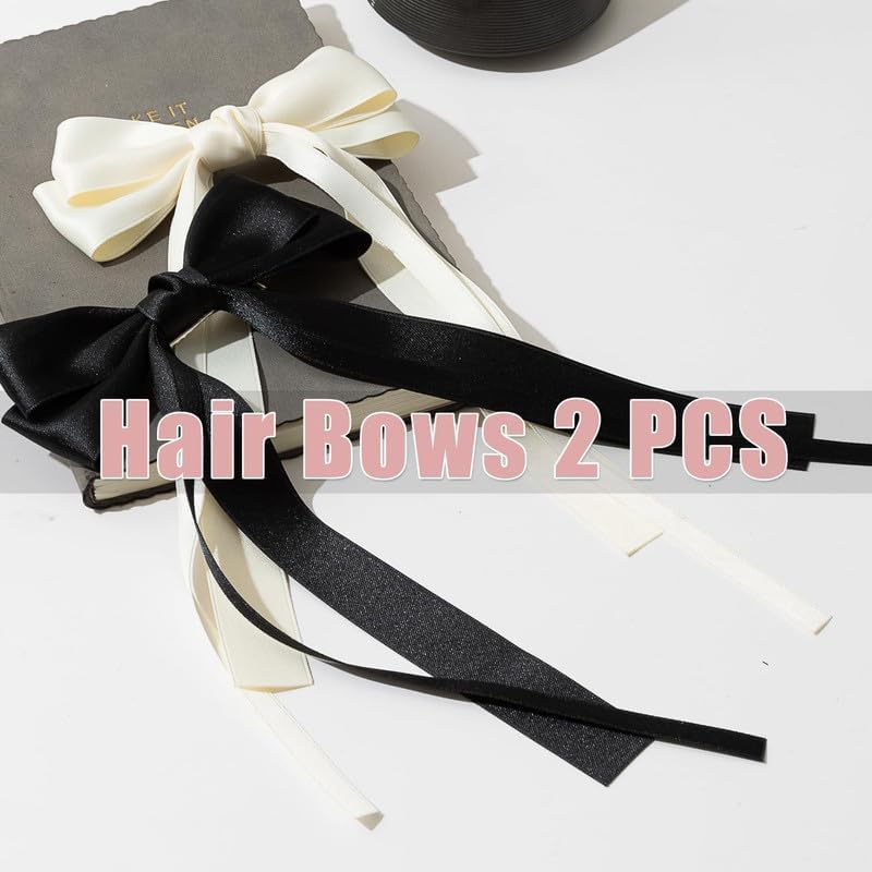 FAMEZA 2 PCS Large Hair Bows Satin Ribbon Bow for Women,bow hair clips,bow clips,hair ribbon bow clip,hair ribbons for women,hair bows for girls,ribbon hair clip(Beige Black) - Image 4