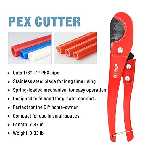 iCrimp PEX Clamp Cinch Tool for 3/8-inch to 1-inch Stainless Steel Clamps meet ASTM F2098 Standard with Pex Pipe Cutter Blue&red - Image 3