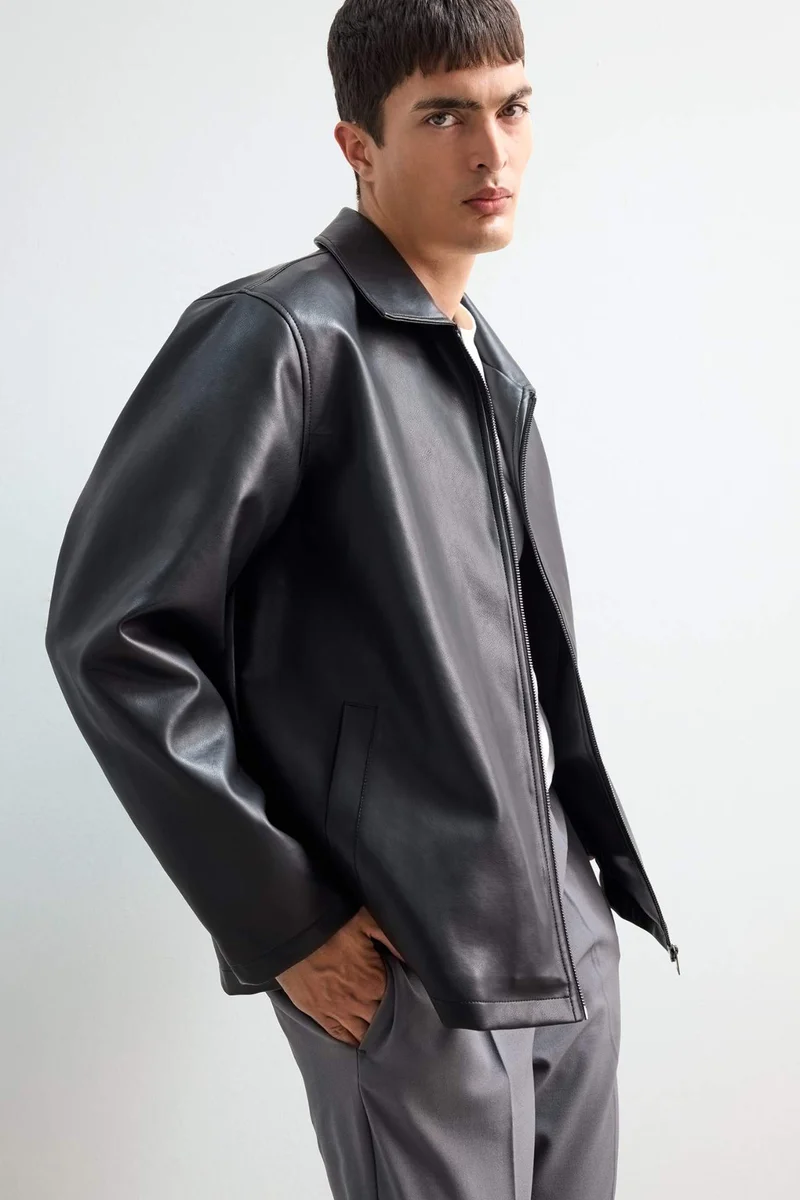 Defacto  Regular Fit Shirt Collar Zippered Seasonal Faux Leather Jacket for Men | Best Price UAE