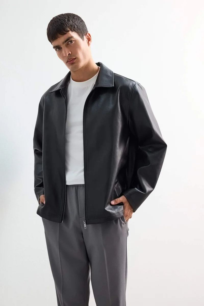 Defacto  Regular Fit Shirt Collar Zippered Seasonal Faux Leather Jacket for Men | Best Price UAE