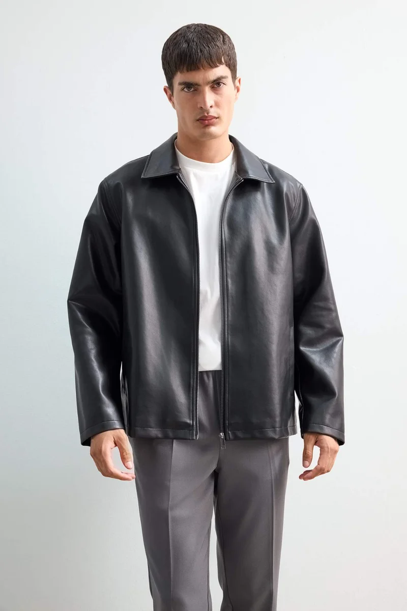 Regular Fit Shirt Collar Zippered Seasonal Faux Leather Jacket