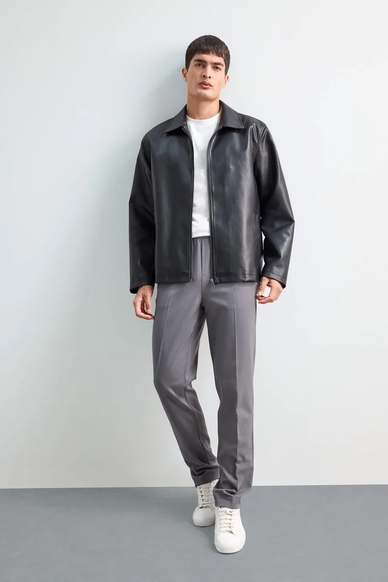 Defacto  Regular Fit Shirt Collar Zippered Seasonal Faux Leather Jacket for Men | Best Price UAE