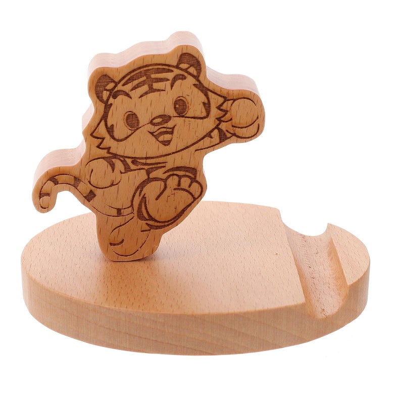 Wooden Tiger Design Phone Holder Stand Portable Desktop Travel Cartoon Bracket - Image 2