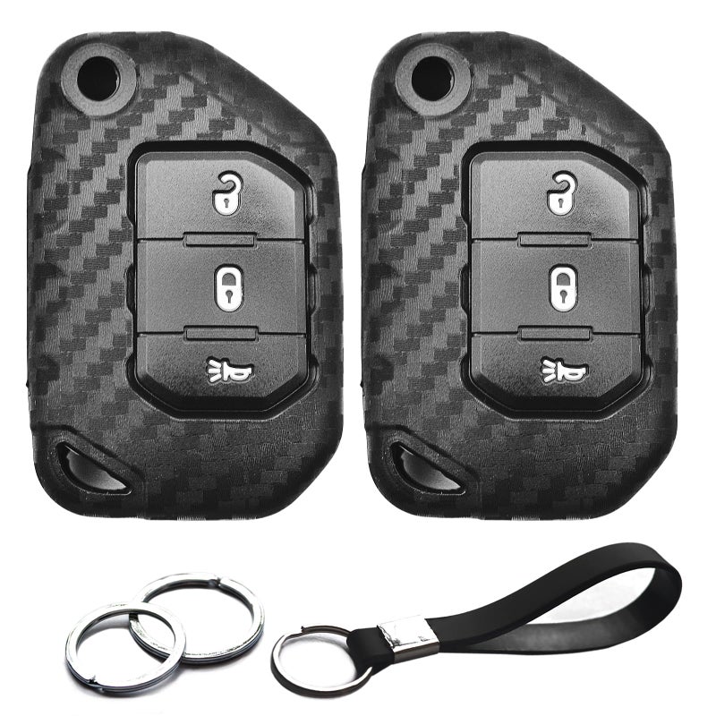 INFIPAR 2pcs Compatible with Jeep Key Fob Cover Case Key Chain fit for Jeep Wrangler JL Gladiator JT Accessories Rubicon Deluxe Sport S Sport Sahara Overland Key Shell Holder Carbon Fiber Black