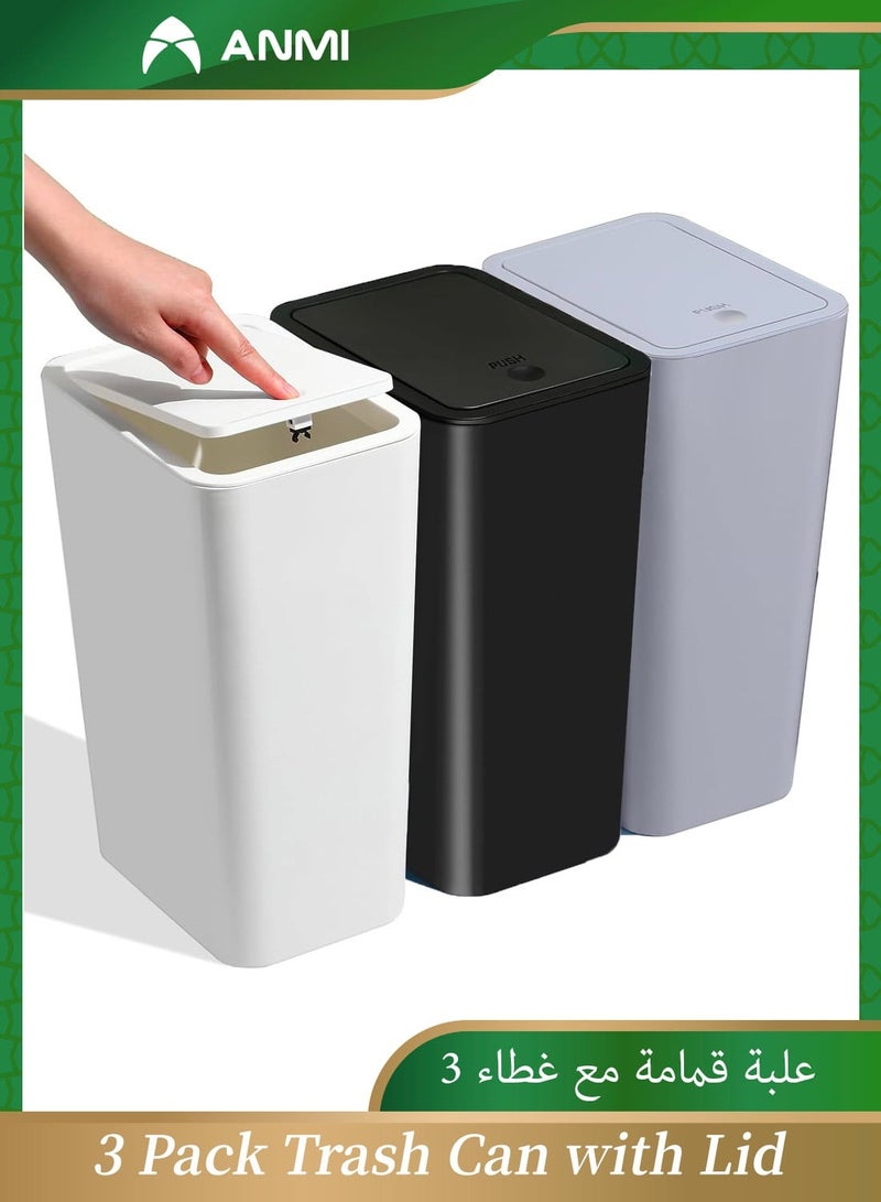 Anmi Bathroom Small Trash Can with Lid 3 Pack,10L / 2.6 Gallon Slim Garbage Bin Wastebasket with Pop-Up Lid for Bedroom, Office, Kitchen, Craft Room, Fits Under Desk, Cabinet, Sink - Image 1