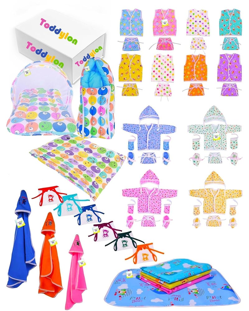 Toddylon Flat Bed 56 in 1 New Born Baby Products All | Gift Packs | Maternity Kit | Baby Clothes | Baby Bedding | Essentials Items | Baby Shower | Infants Combo (Multicolor, 0-6 Months) - Image 1