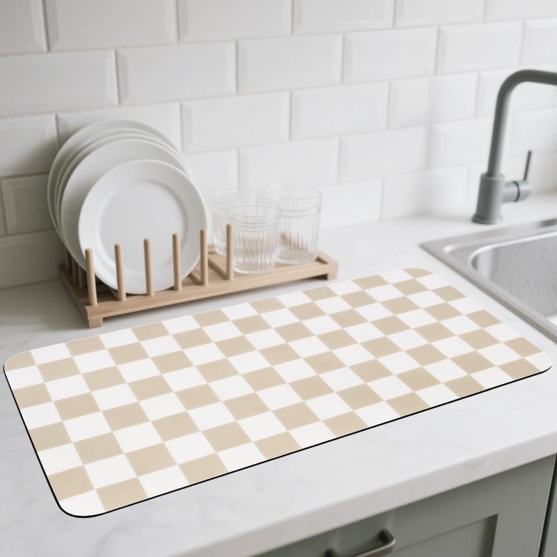 CooRug Checkered Dish Drying Mat for Kitchen Counter, Absorbent Non-Slip Coffee Mat, Heat Resistant Mat for Countertops Coffee Bar Decor 17" x 32" Khaki - Image 1