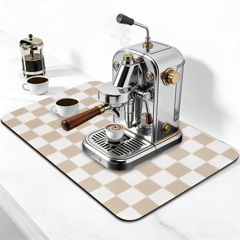 CooRug Checkered Dish Drying Mat for Kitchen Counter, Absorbent Non-Slip Coffee Mat, Heat Resistant Mat for Countertops Coffee Bar Decor 17" x 32" Khaki - Image 3