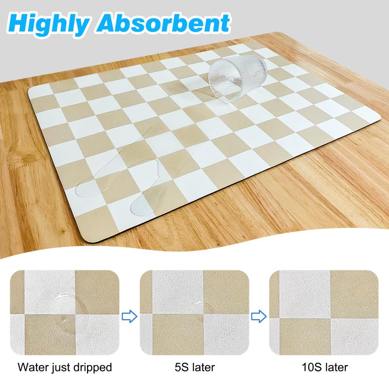 CooRug Checkered Dish Drying Mat for Kitchen Counter, Absorbent Non-Slip Coffee Mat, Heat Resistant Mat for Countertops Coffee Bar Decor 17" x 32" Khaki - Image 4