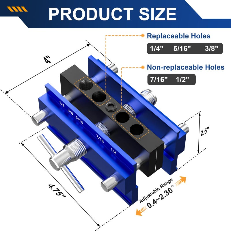 Beaiguna Self Centering Dowel Jig Kit, Drill Guide Jig Block for Straight Holes with 6PCS Drill Bushings, Premium Self Centering Doweling Jig Kit for Woodworking, Adjustable Width Biscuit Joiner Tool - Image 3