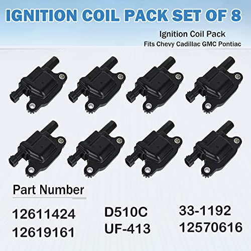 Yikesai 12611424 Ignition Coil Pack Compatible with Chevy Cadillac GMC Pontiac 5.3L 6.0L V8 Engine G8 Grand Prix H3 Silverado Tahoe Yukon Impala - Replace # 12570616 D510C UF413, set of 8 Ignition Coil - Image 3