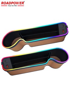 RoadPower 2 Pieces Car Seat Storage Box, Leather Car Storage Box with 7-Colour LED Litgh, Car Seat Organizer with 2 Charging Ports, Car Seat Gap Filler for Car Storage (Brown)  - Image 2