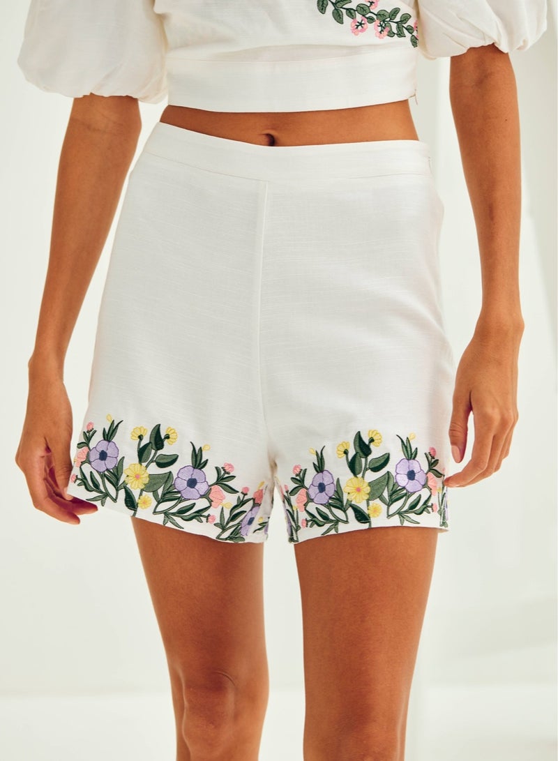 Ashita Fernandes Ashita Fernandes A’Leila Shorts – White Floral Above-the-Knee Linen Shorts, Breathable, Wrinkle-Resistant & Eco-Friendly  - Image 1
