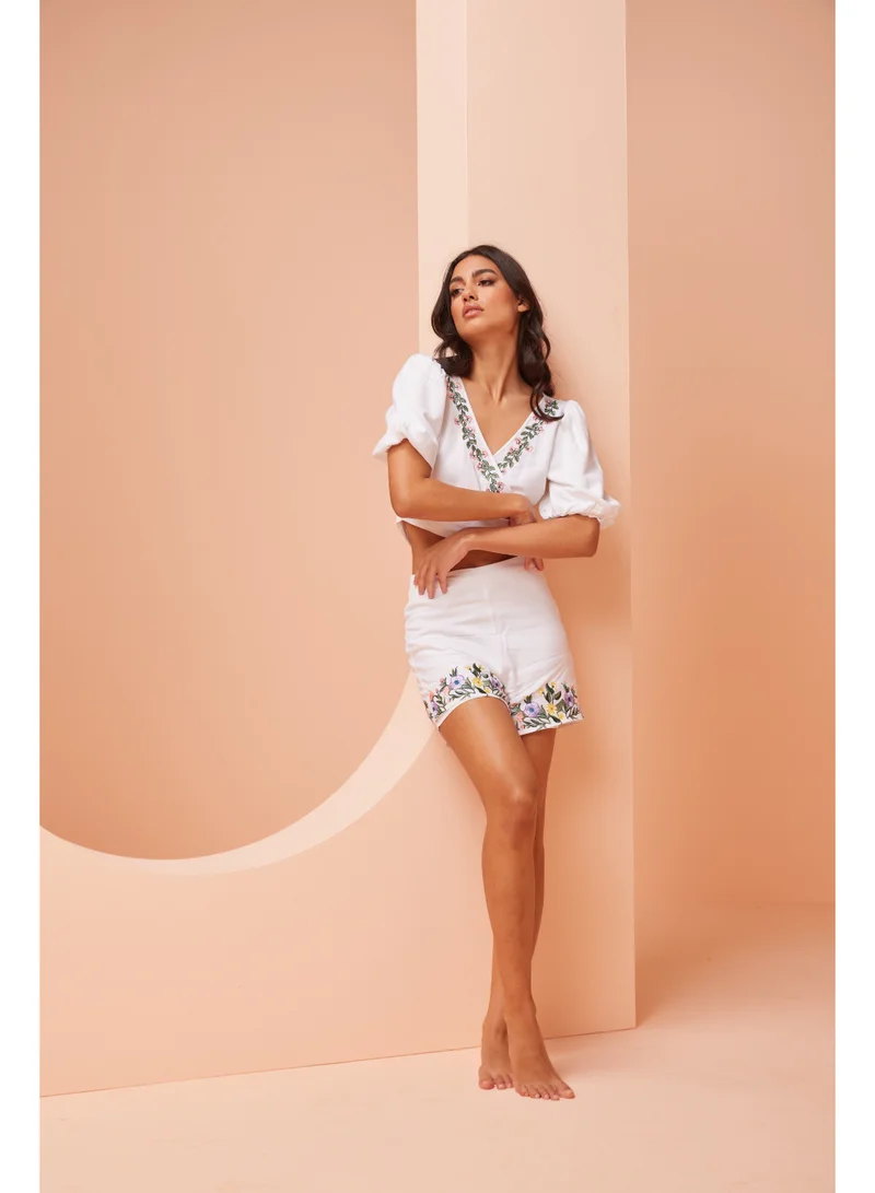 Ashita Fernandes White Floral Above-the-Knee Linen Shorts