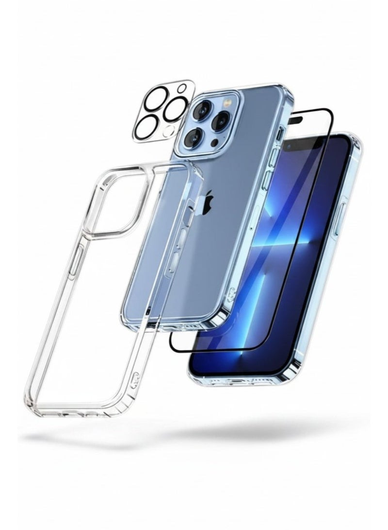 بكج حماية شفاف رفيع لايفون 13 بروماكس (iPhone 13 Pro Max) مع عبوة واحدة من واقيات الشاشة من الزجاج المقوى وقطعة واحدة من واقي عدسة الكاميرا، غطاء جوال لـ 13 بروماكس (6.7 إنش) (3in1) - Image 1