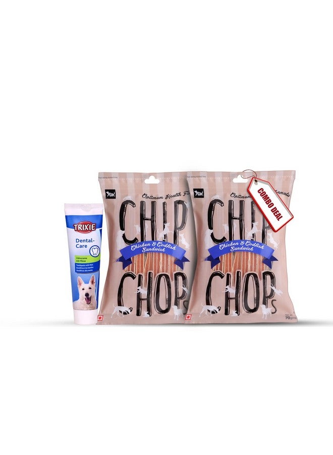 تريكسي معجون أسنان بنكهة النعناع 100 جرام وعبوتين من شرائح الدجاج وسمك القد للكلاب 70 جرام لكل منهما - Image 1