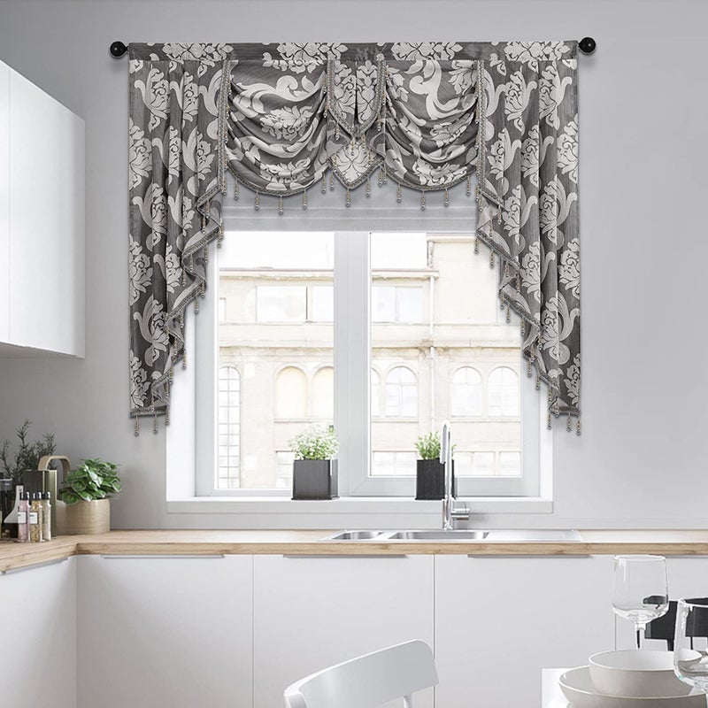 NAPEARL Grey Valances for Windows, Jacquard Swag Curtains for Living Room, Damask Waterfall Curtains Valance and Swags for Bedroom, Kitchen (1 Panel, 61-Inch Wide) - Image 2
