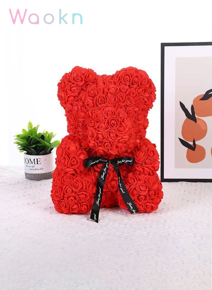 WAOKN 25cm Rose Bear with Transparent Gift Box & Black Ribbon Rose Petals Teddy Bear Presents for Women Artificial Flowers Rose Bear Valentine Gifts Red - Image 1
