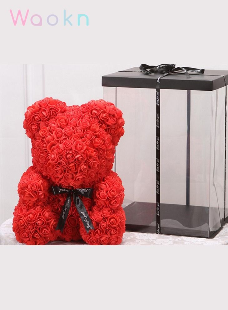 WAOKN 25cm Rose Bear with Transparent Gift Box & Black Ribbon Rose Petals Teddy Bear Presents for Women Artificial Flowers Rose Bear Valentine Gifts Red - Image 4