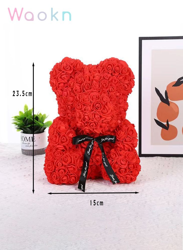 WAOKN 25cm Rose Bear with Transparent Gift Box & Black Ribbon Rose Petals Teddy Bear Presents for Women Artificial Flowers Rose Bear Valentine Gifts Red - Image 3