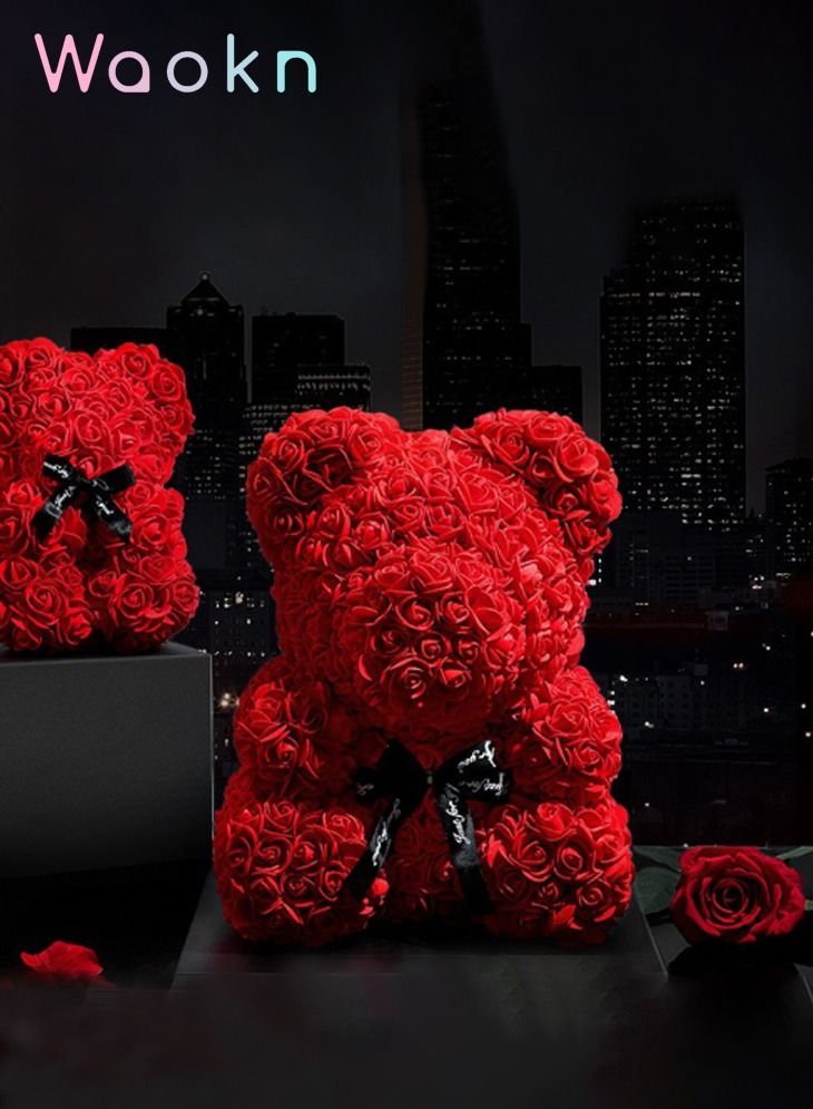 WAOKN 25cm Rose Bear with Transparent Gift Box & Black Ribbon Rose Petals Teddy Bear Presents for Women Artificial Flowers Rose Bear Valentine Gifts Red - Image 2