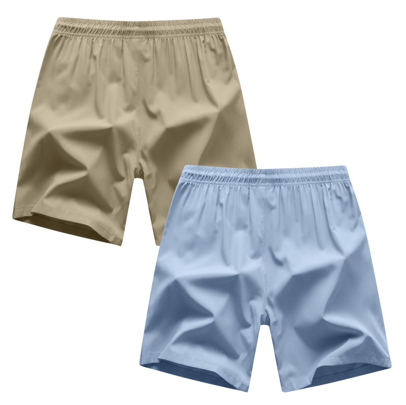 ANHDM Boys Athletic Shorts Quick Dry Sport Shorts Lightweight Running Shorts with Zipper Pockets (Pack of 2), B/Khaki&Grey Blue, 9-10T - Image 2