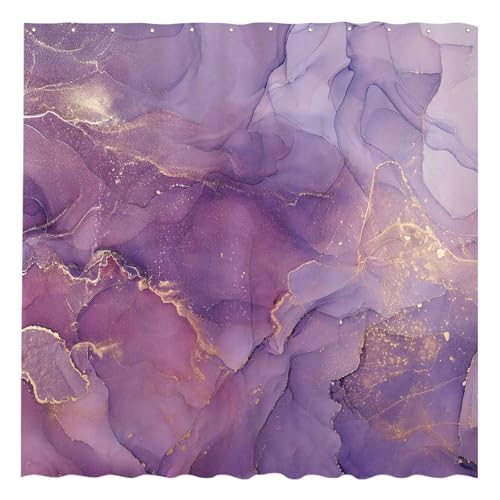 Allenjoy Purple Marble Shower Curtain Lavender Gold Pattern Elegant Texture Abstract Fabric Bathroom Curtains Set Ink Art Painting Decor Durable Bathtub Showers Decor 72x72 Inch - Image 1