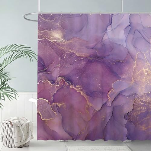 Allenjoy Purple Marble Shower Curtain Lavender Gold Pattern Elegant Texture Abstract Fabric Bathroom Curtains Set Ink Art Painting Decor Durable Bathtub Showers Decor 72x72 Inch - Image 2