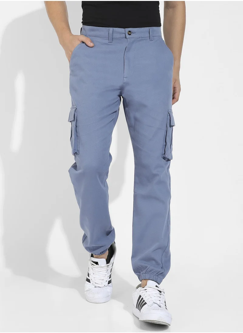 Campus Sutra Men's Blue Cuffed Hem Cargo Trousers