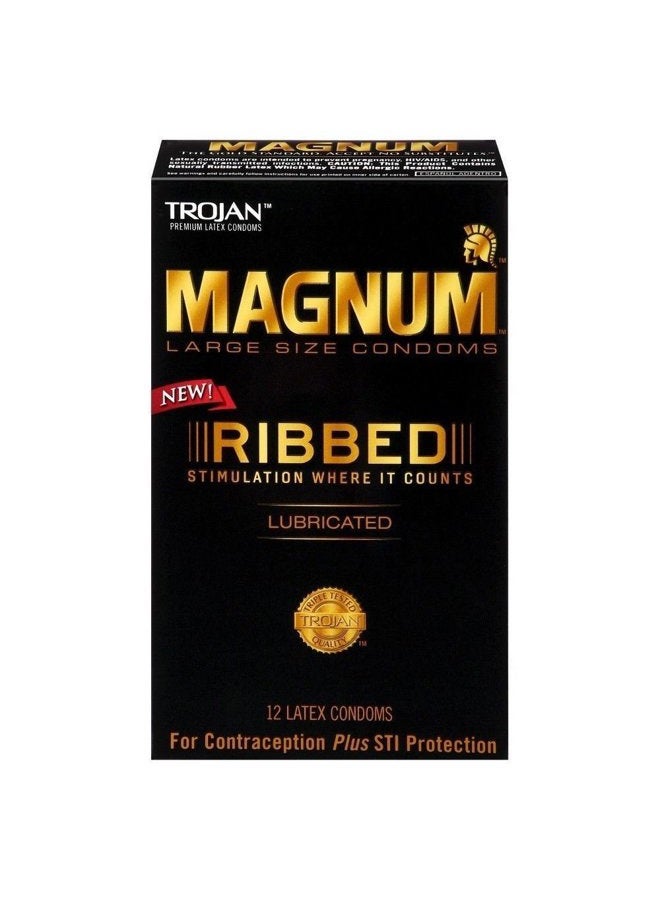 trojan MAGNUM Ribbed Large Lubricated Condoms, 12 count - Buy Packs and SAVE (Pack of 3) - Image 1