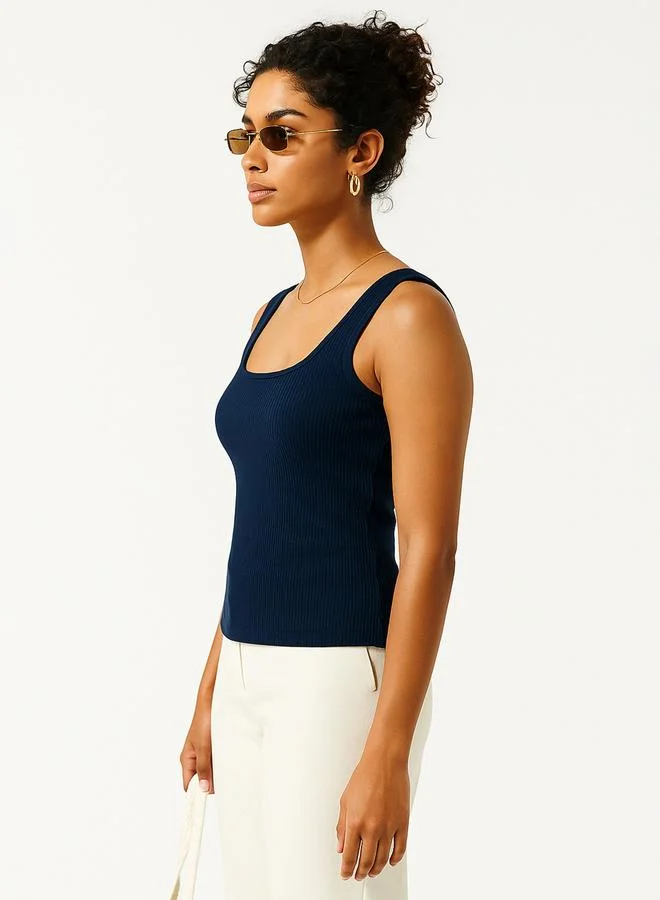 SASSAFRAS Women Navy Blue Rib Sleeveless Top