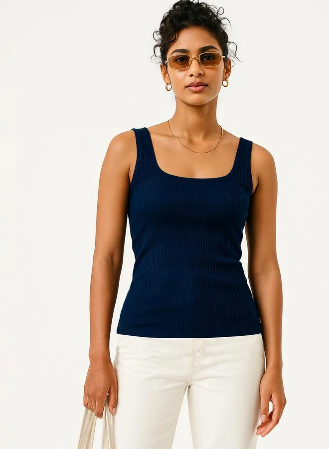 SASSAFRAS Women Navy Blue Rib Sleeveless Top