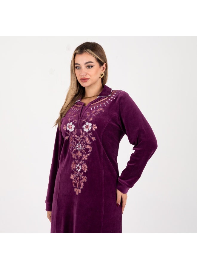 zecotex  Women's Velvet Kaftan with Elegant Floral Embroidery – Royal Purple - Image 3