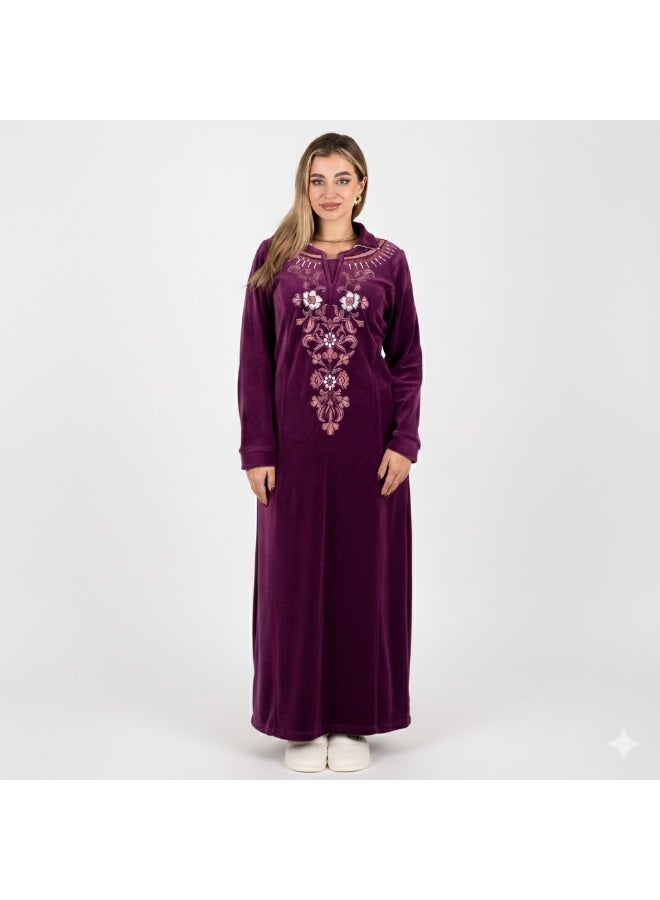 zecotex  Women's Velvet Kaftan with Elegant Floral Embroidery – Royal Purple - Image 1