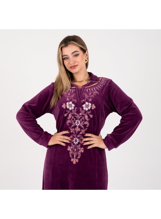 zecotex  Women's Velvet Kaftan with Elegant Floral Embroidery – Royal Purple - Image 2